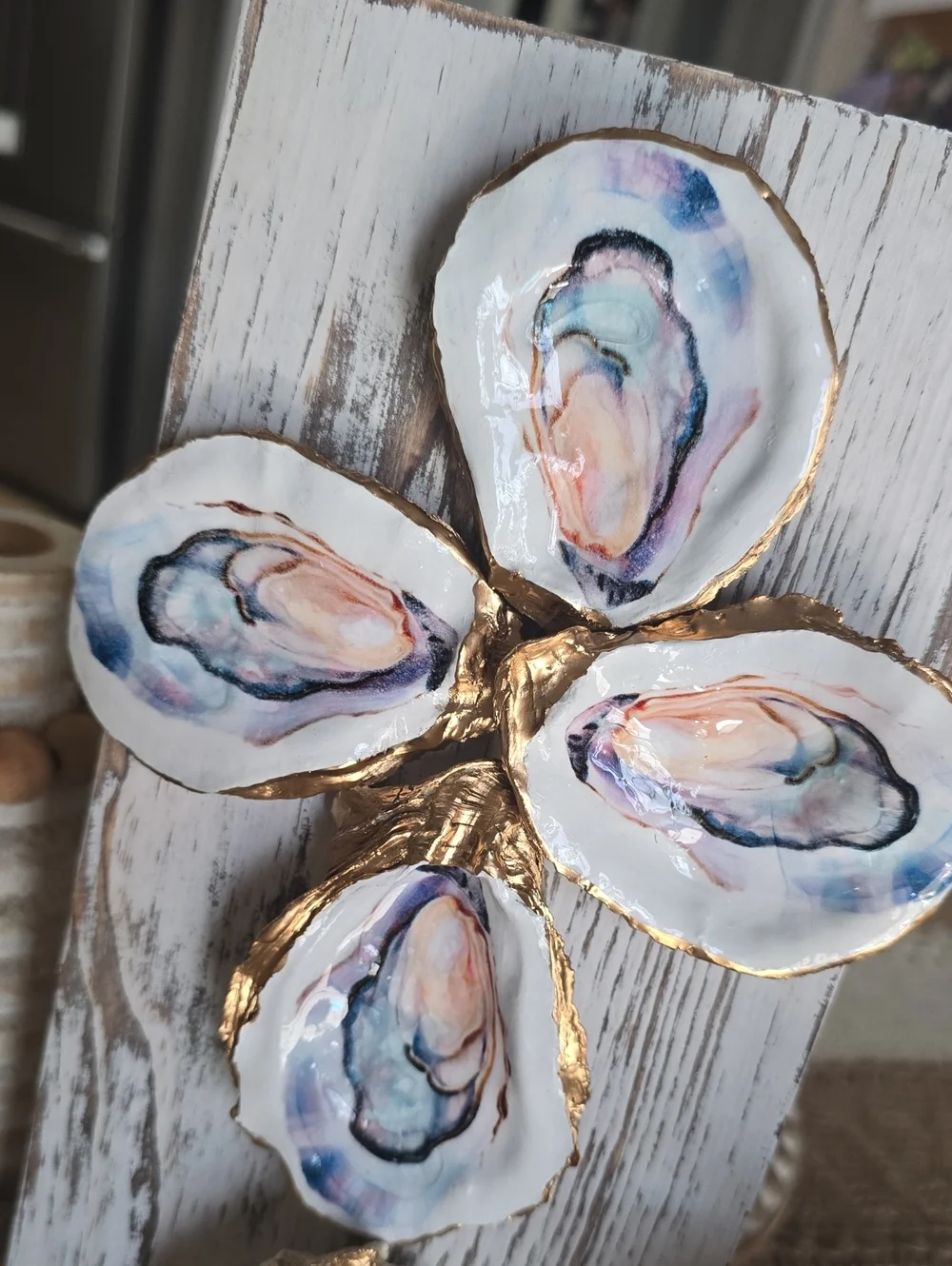 Hand Crafted Oyster Shell Wall Art in White, Blue & Gold